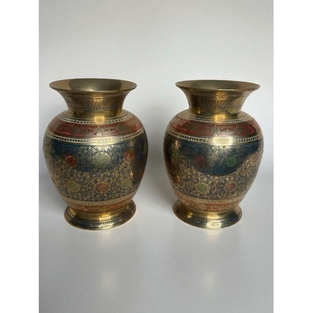 VTG Hand Engraving MultiFloral Set of 2 Mini Etched Brass Bud Vases 5" Tall Gold